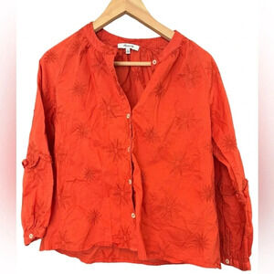 Madewell Red Orange Embroidered Sun Print Long Sleeve Button Up Cropped Shirt XS